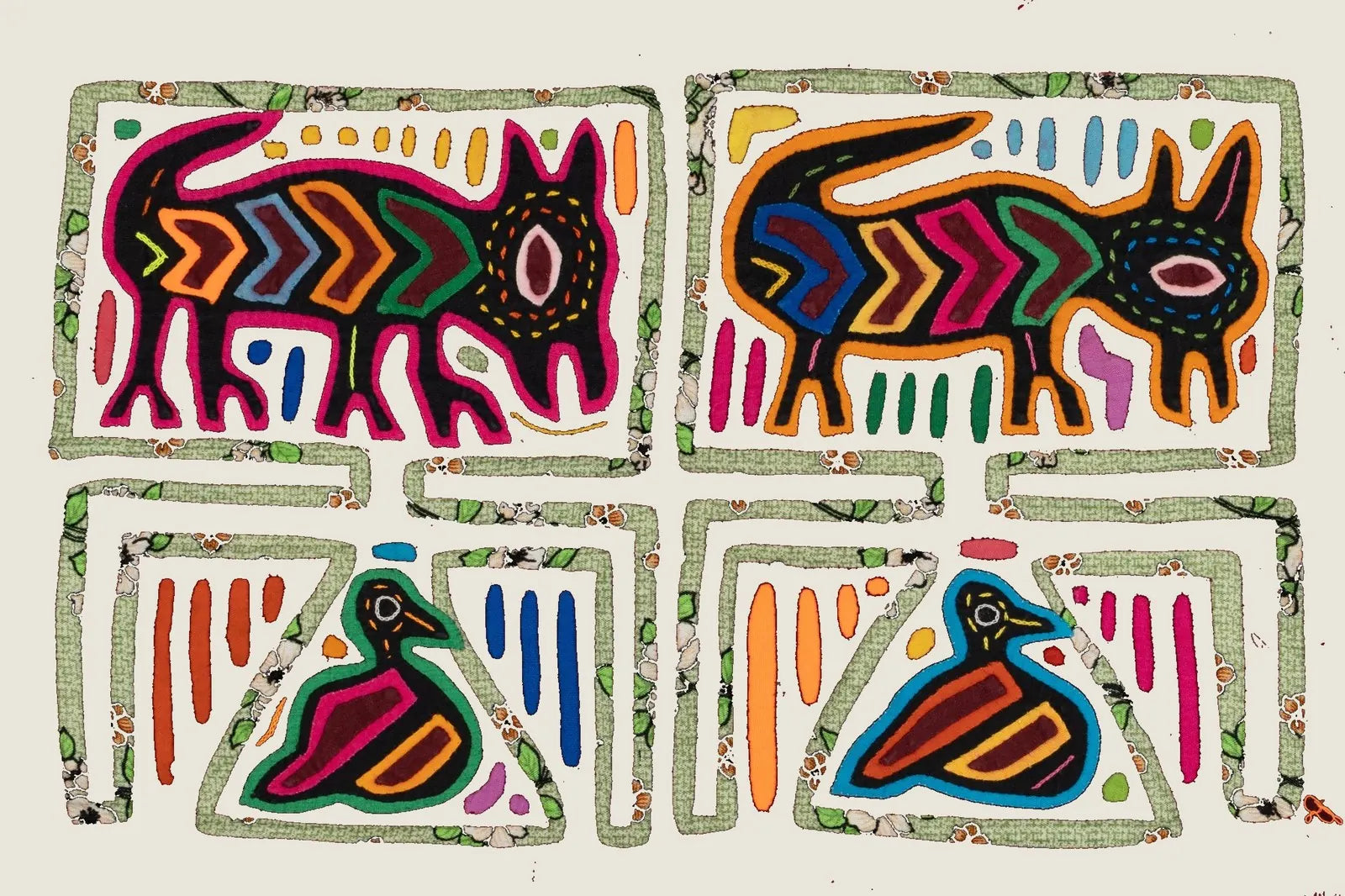 Colorful hand-stitched Mola tapestry featuring playful puppy dogs and a bird, showcasing bold patterns and vibrant hues.