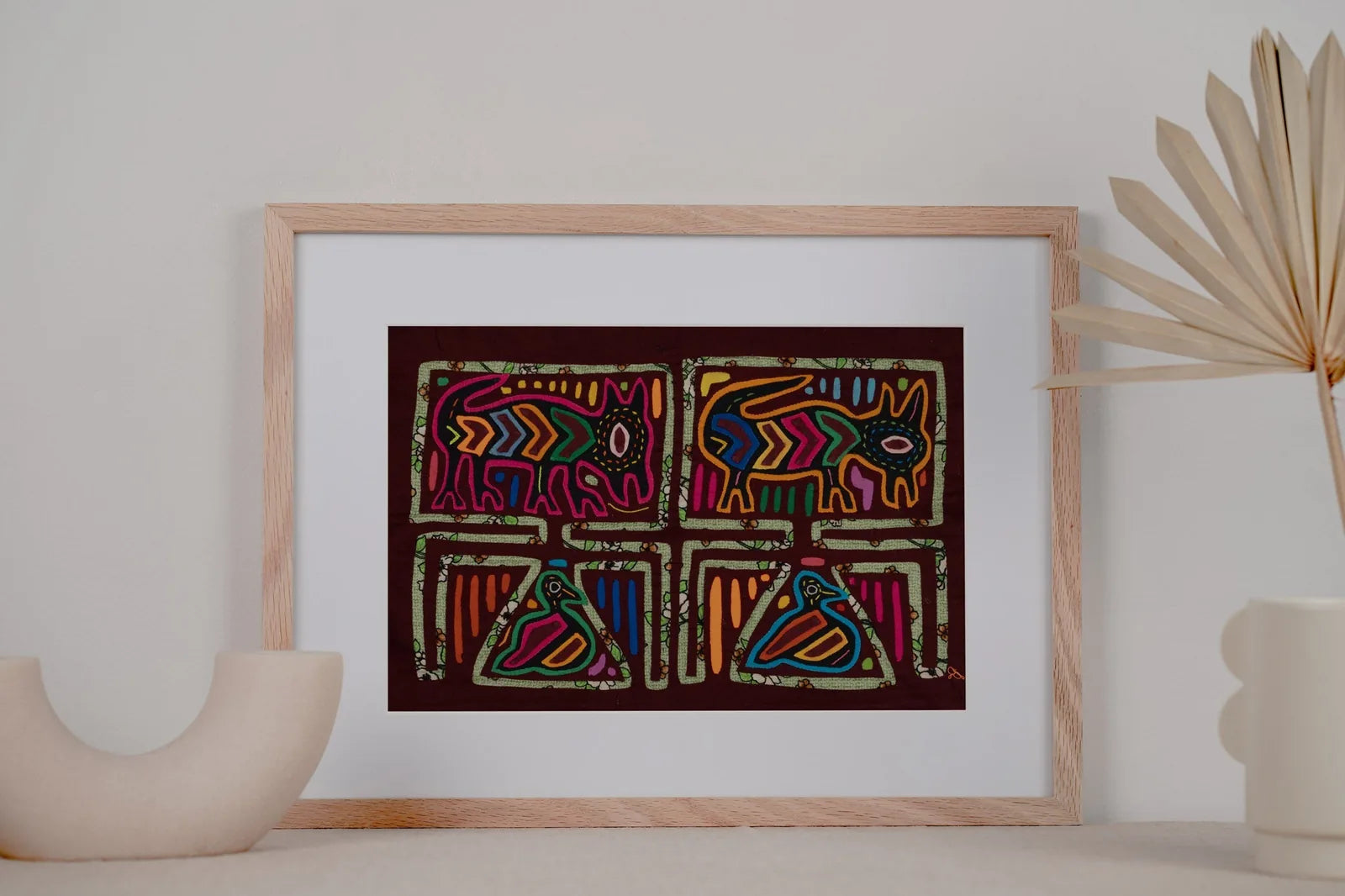 Vintage tapestry featuring a colorful puppy and bird design, hand-stitched using traditional Panama Mola techniques.