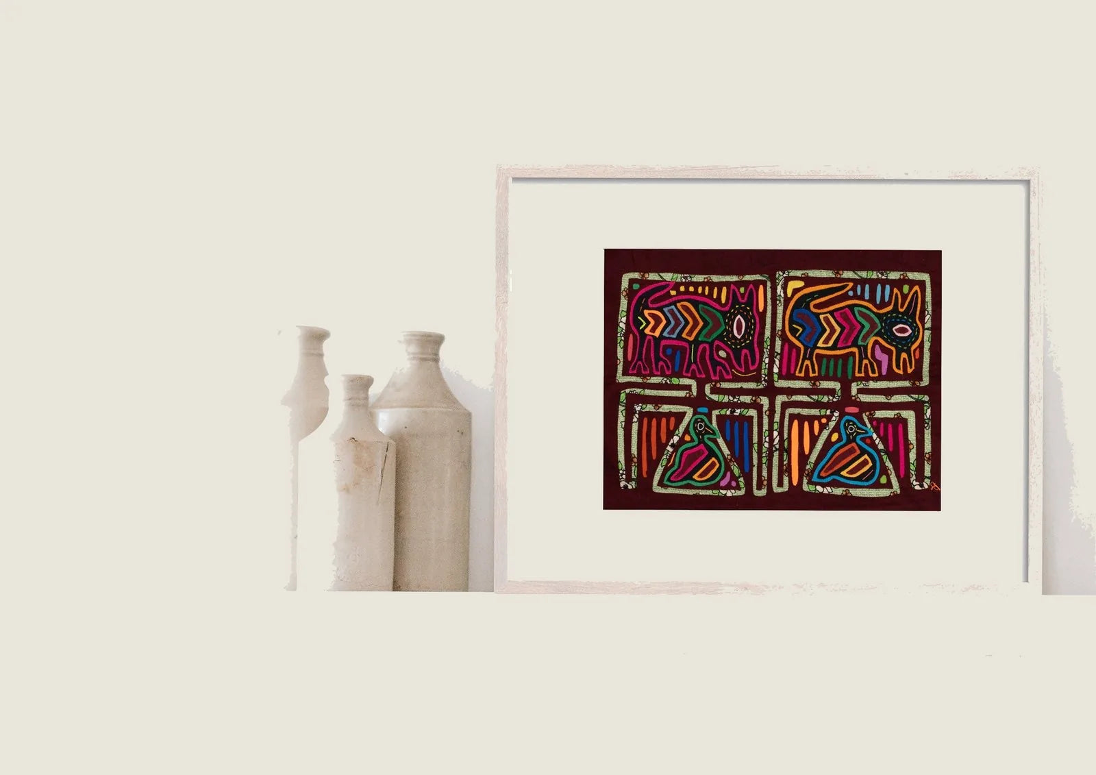 Vibrant vintage tapestry featuring a hand-stitched puppy and bird in rich colors against a dark background.