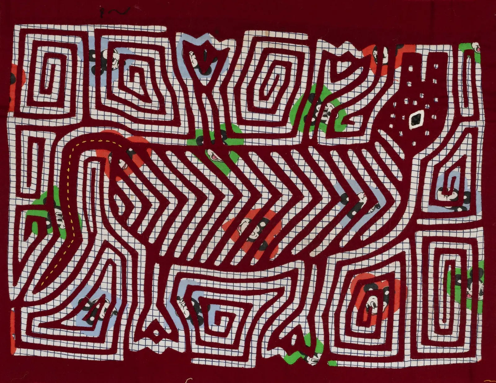 Hand-stitched vintage puppy dog howling design on a rich red background, featuring colorful appliqué patterns.