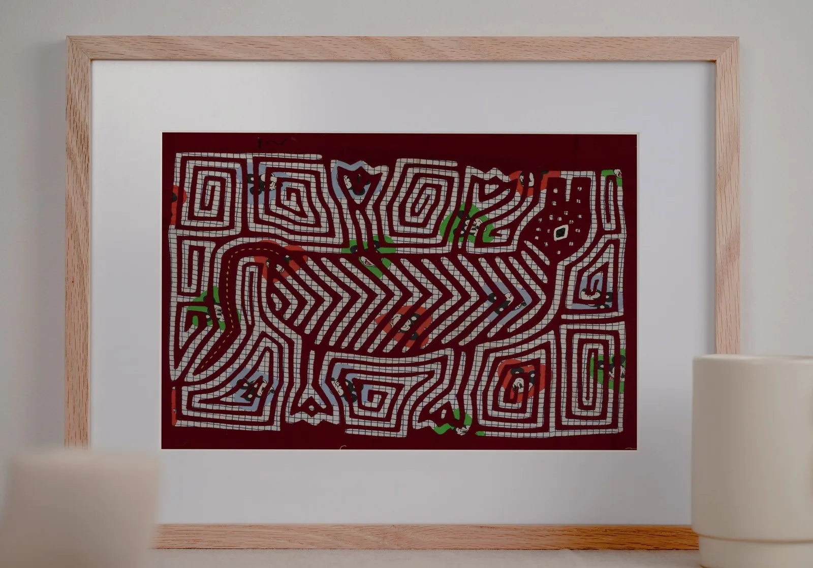 Vintage puppy dog howling design in vibrant colors, framed decorative tapestry showcasing intricate patterns.