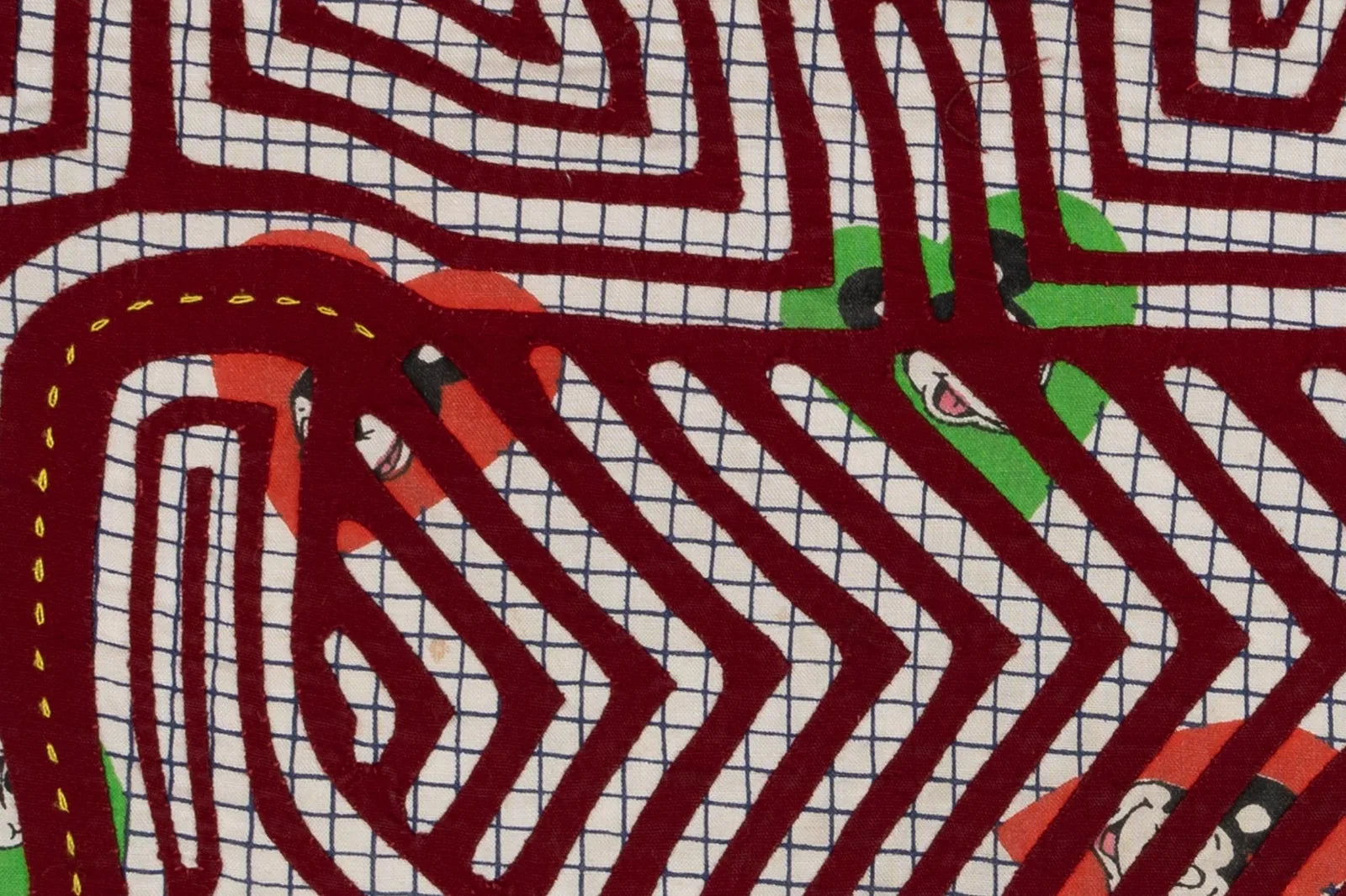 Vintage puppy dog howling design in vibrant colors, featuring intricate hand-stitched patterns on a textile backdrop.