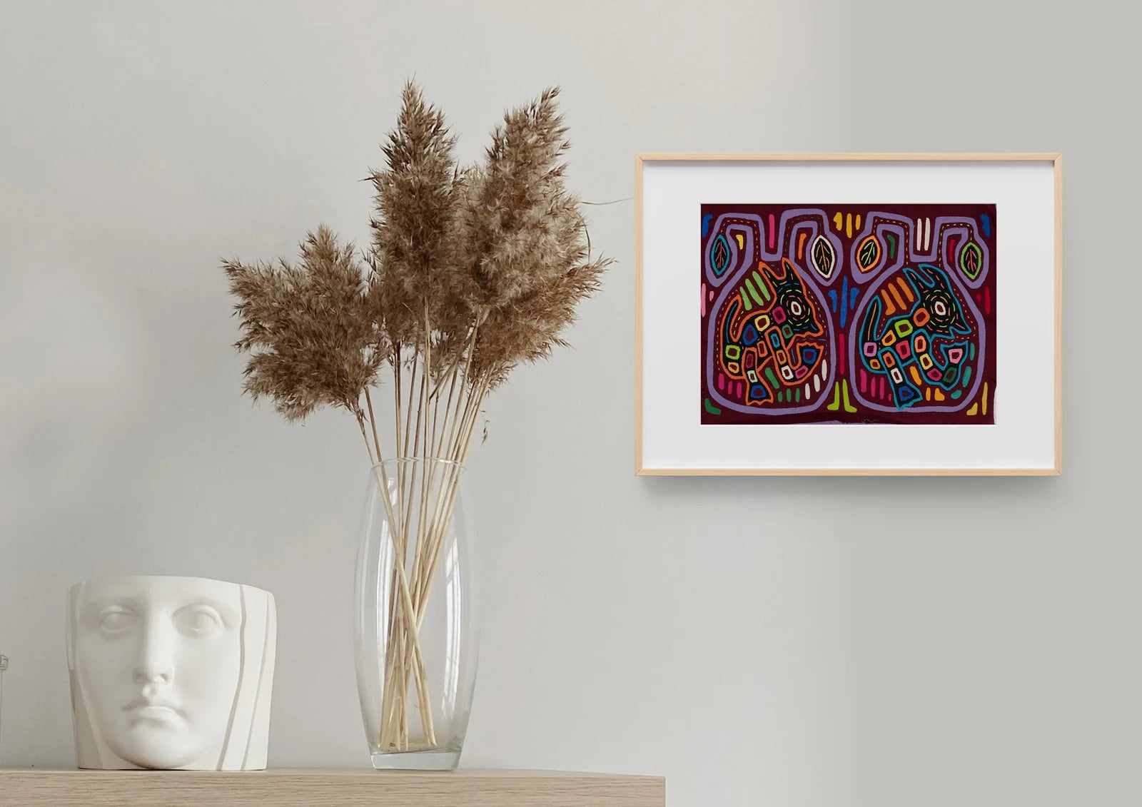 Vintage rainbow tapestry featuring colorful, hand-stitched patterns of playful dogs on a dark background.