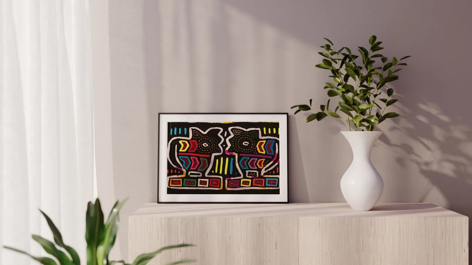 Hand-stitched vintage mola featuring two colorful puppy dogs against a black background, showcasing intricate geometric pa...