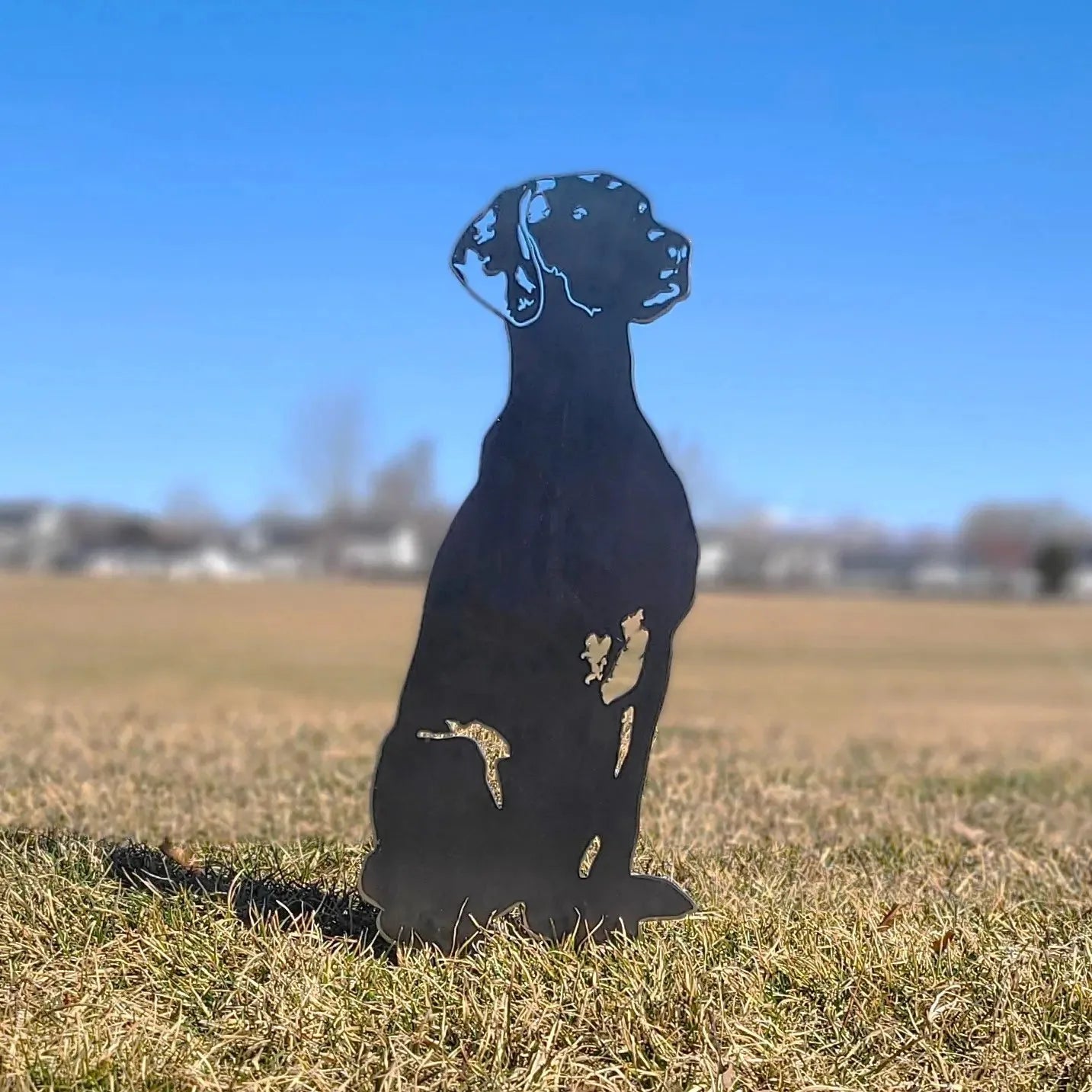 Vizsla metal silhouette in matte black, standing on grass with blue sky background, ideal for outdoor dog decor.