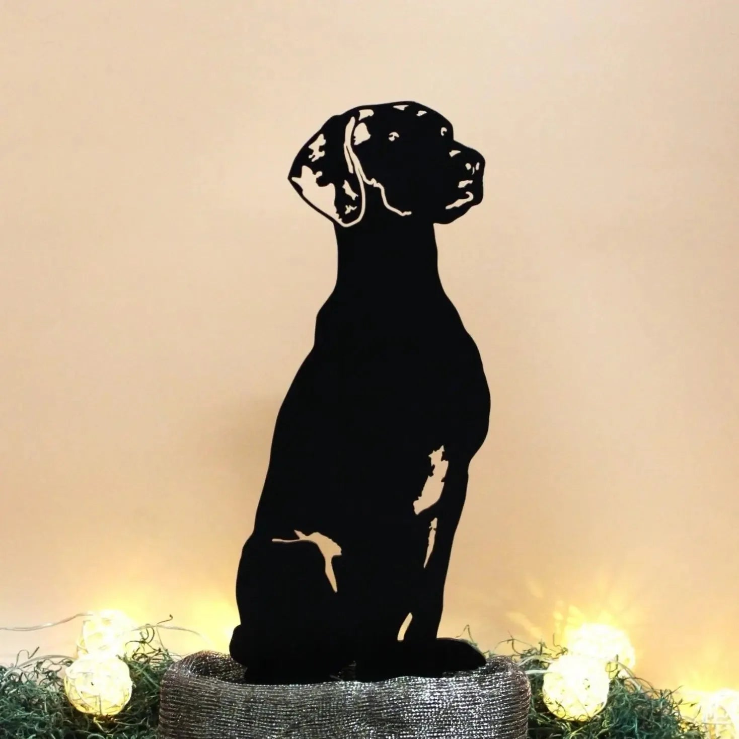 Black metal silhouette of a Vizsla dog, elegantly positioned against a soft backdrop, highlighting its majestic profile.