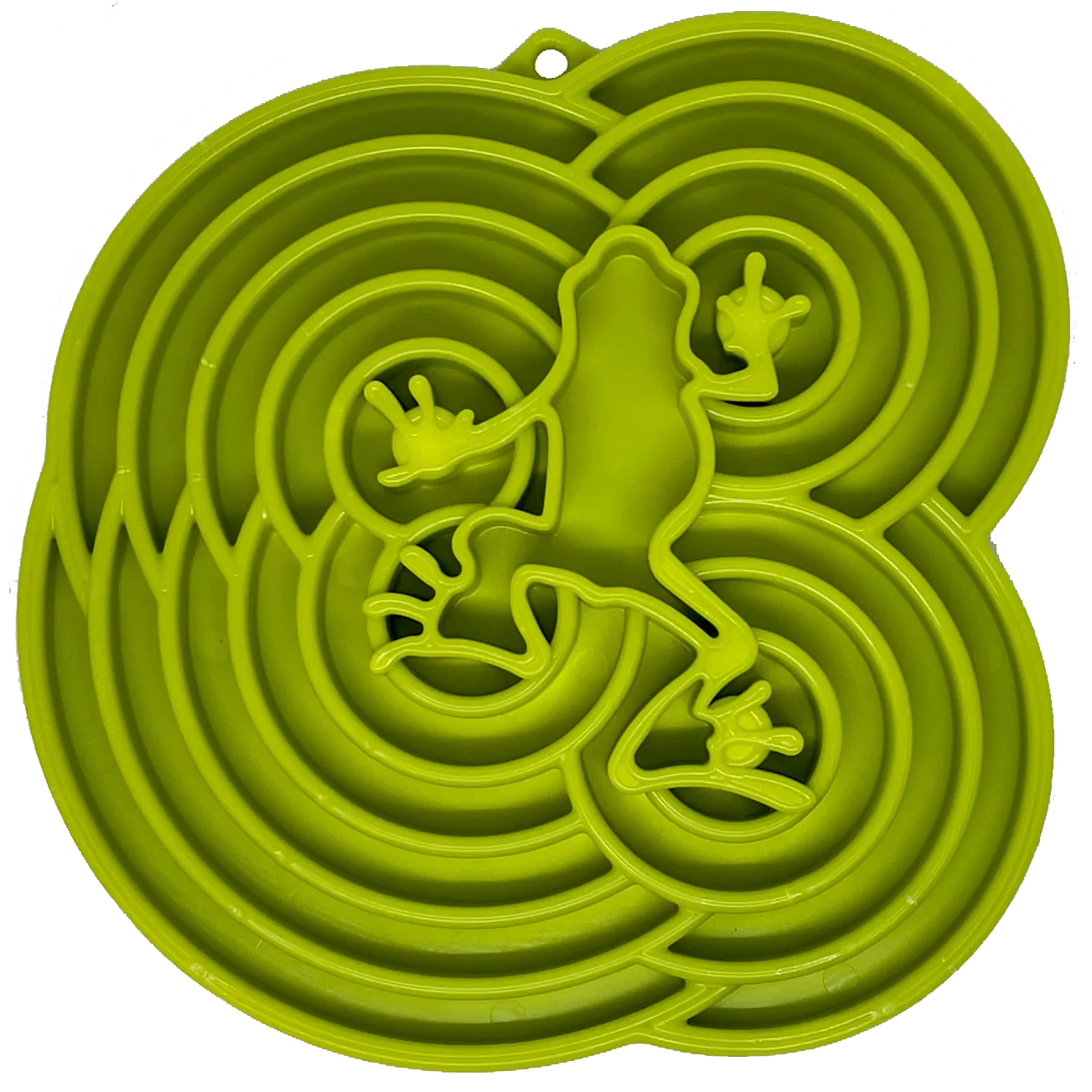 Green shallow slow feeder bowl in a frog design with textured circular patterns, made from food-safe TPE material.