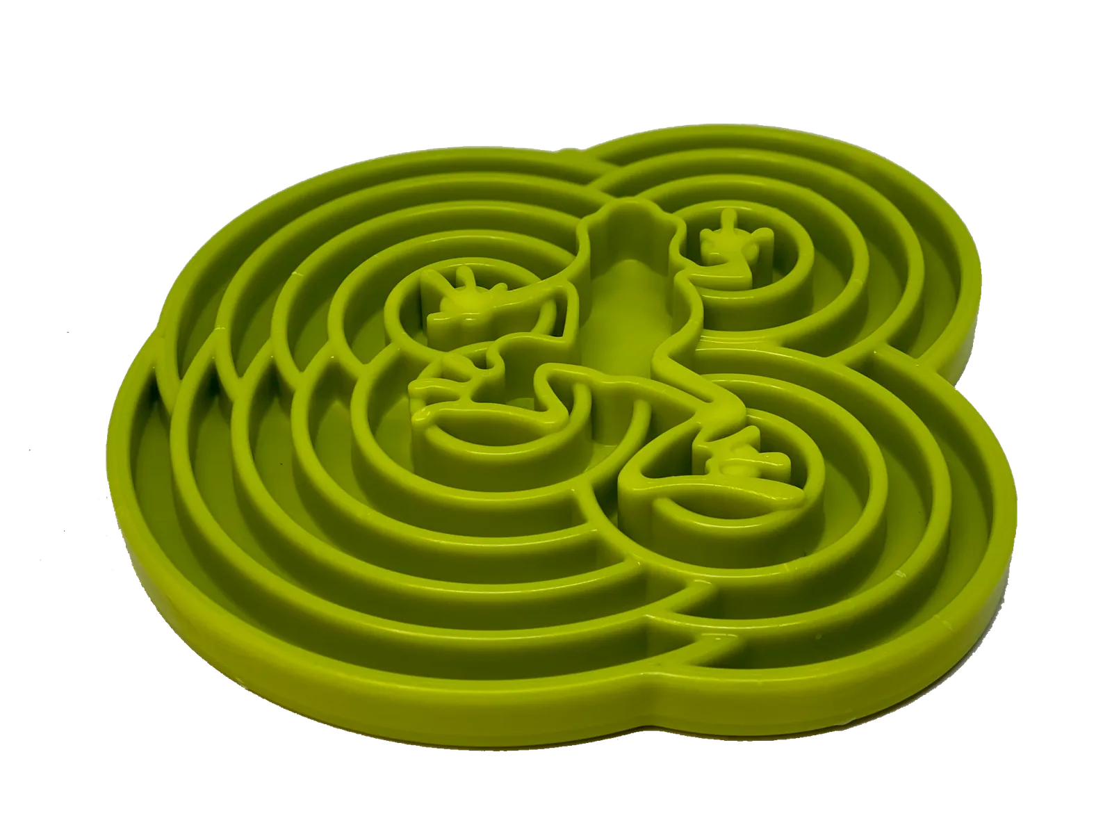 Green shallow slow feeder dog bowl with textured frog design, promoting slower eating and mental enrichment.