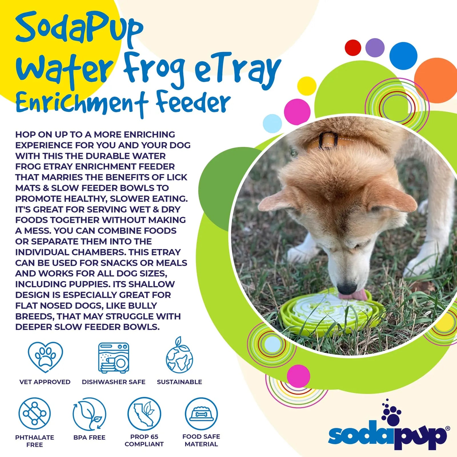 Shallow green Water Frog eTray slow feeder bowl being used by a dog outdoors, promoting healthy and engaging eating habits.