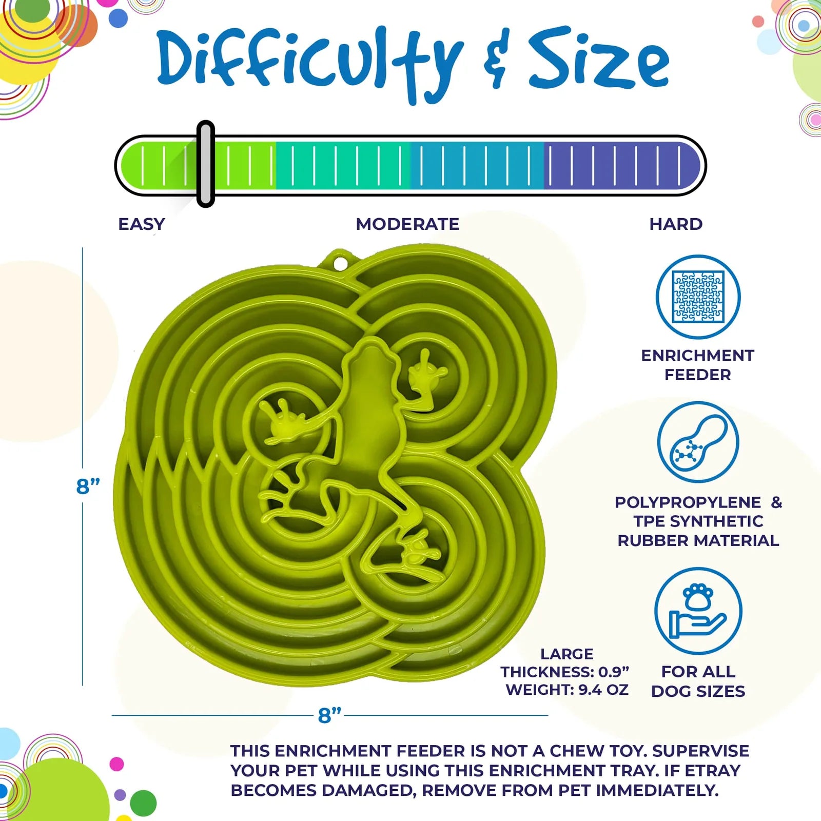 Green Water Frog eTray designed for slow feeding, featuring a textured frog shape, 8" diameter, made from FDA-compliant TPE.