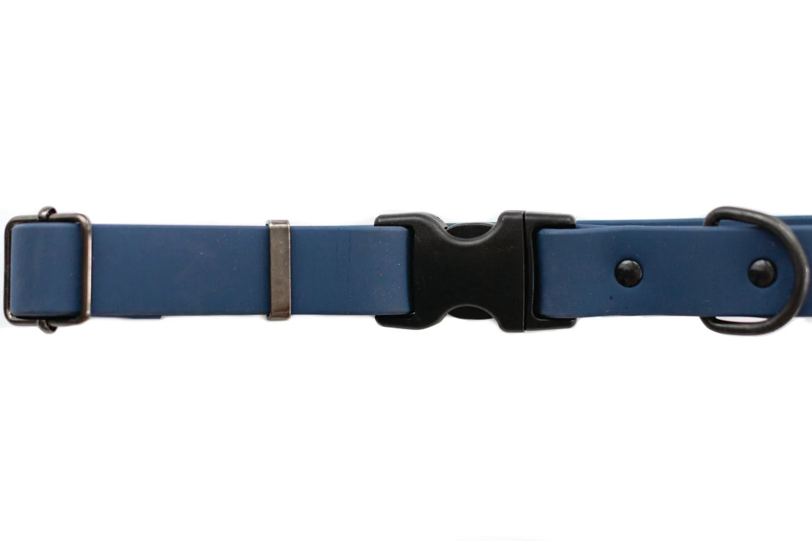 Waterproof blue jeans style dog collar featuring a YKK buckle, adjustable for various neck sizes, made from soft PVC.