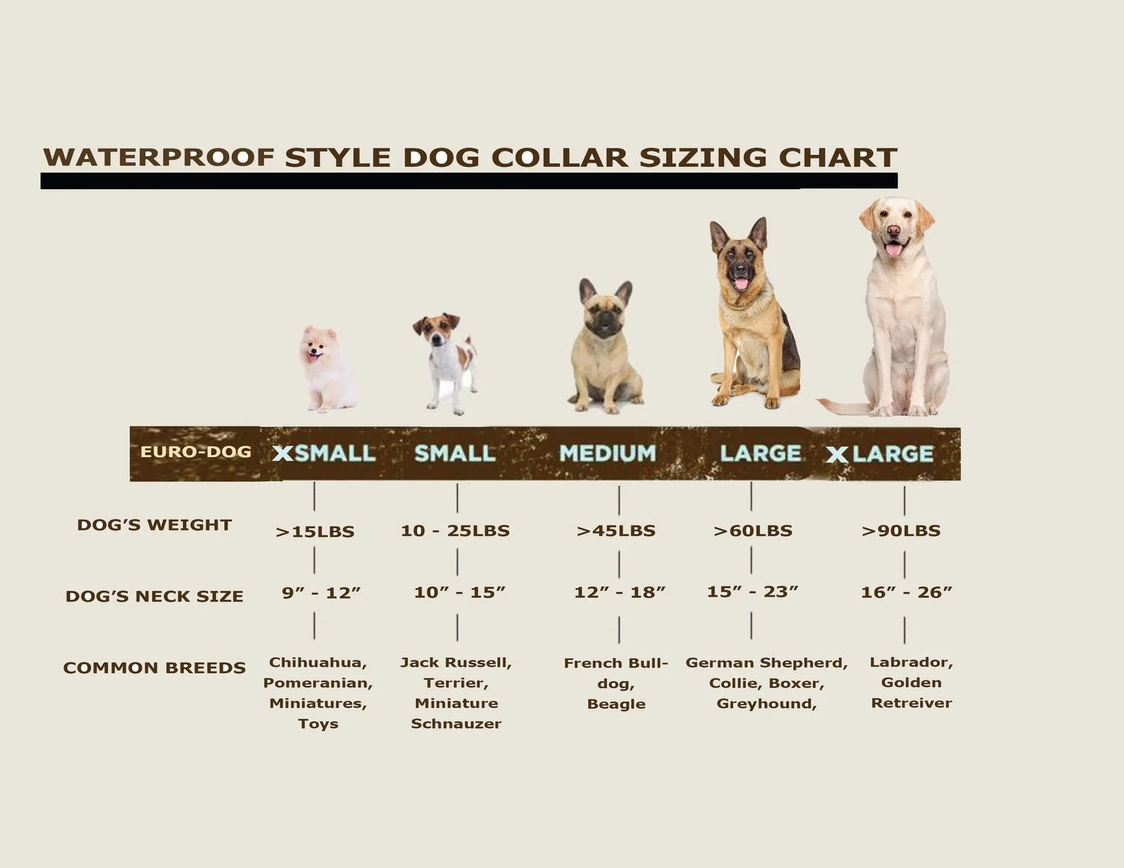 Waterproof dog collar sizing chart showing neck size ranges and common breeds for Euro-Dog collars.