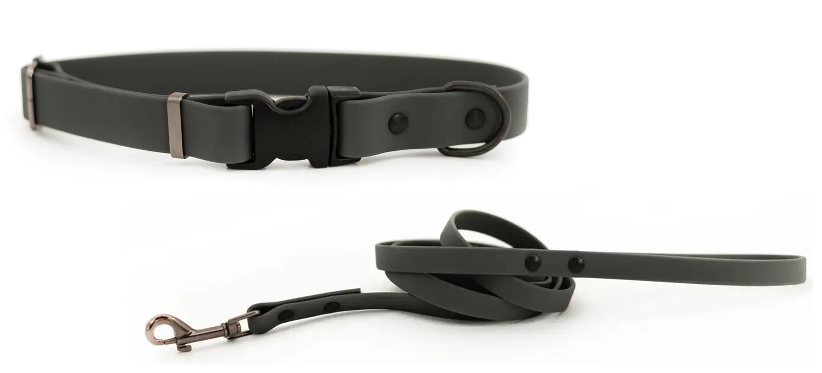 Waterproof dog collar and leash set in charcoal gray, made of durable nylon, featuring a sleek design and metal clasp.