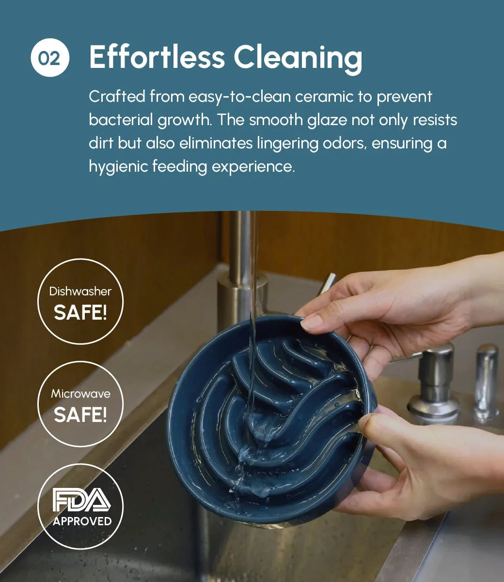 Ceramic slow feeder dog bowl being rinsed under water, designed for easy cleaning and hygienic feeding.