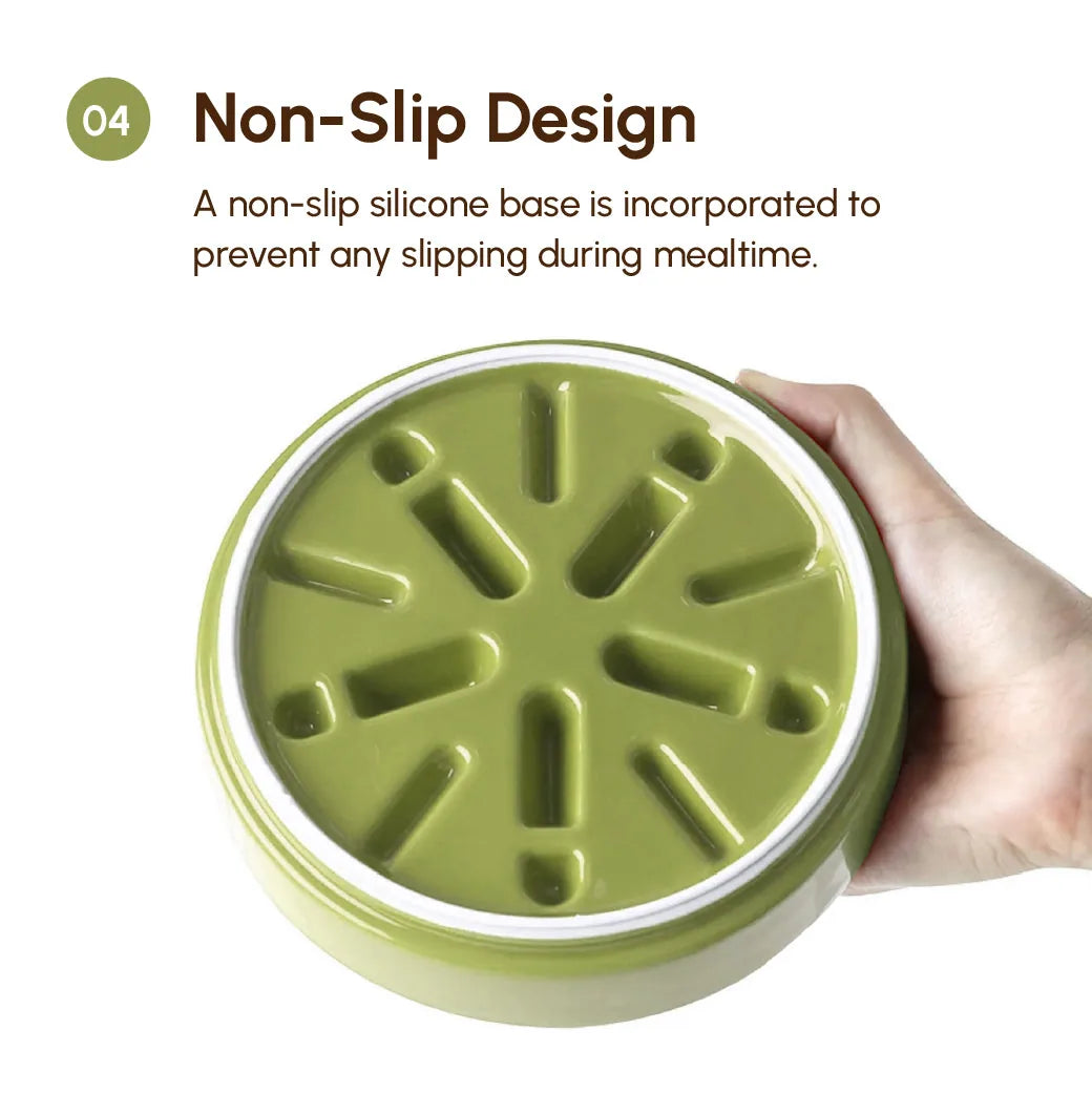 Non-slip green slow feeder dog bowl with silicone base, designed for stable mealtime and better digestion.