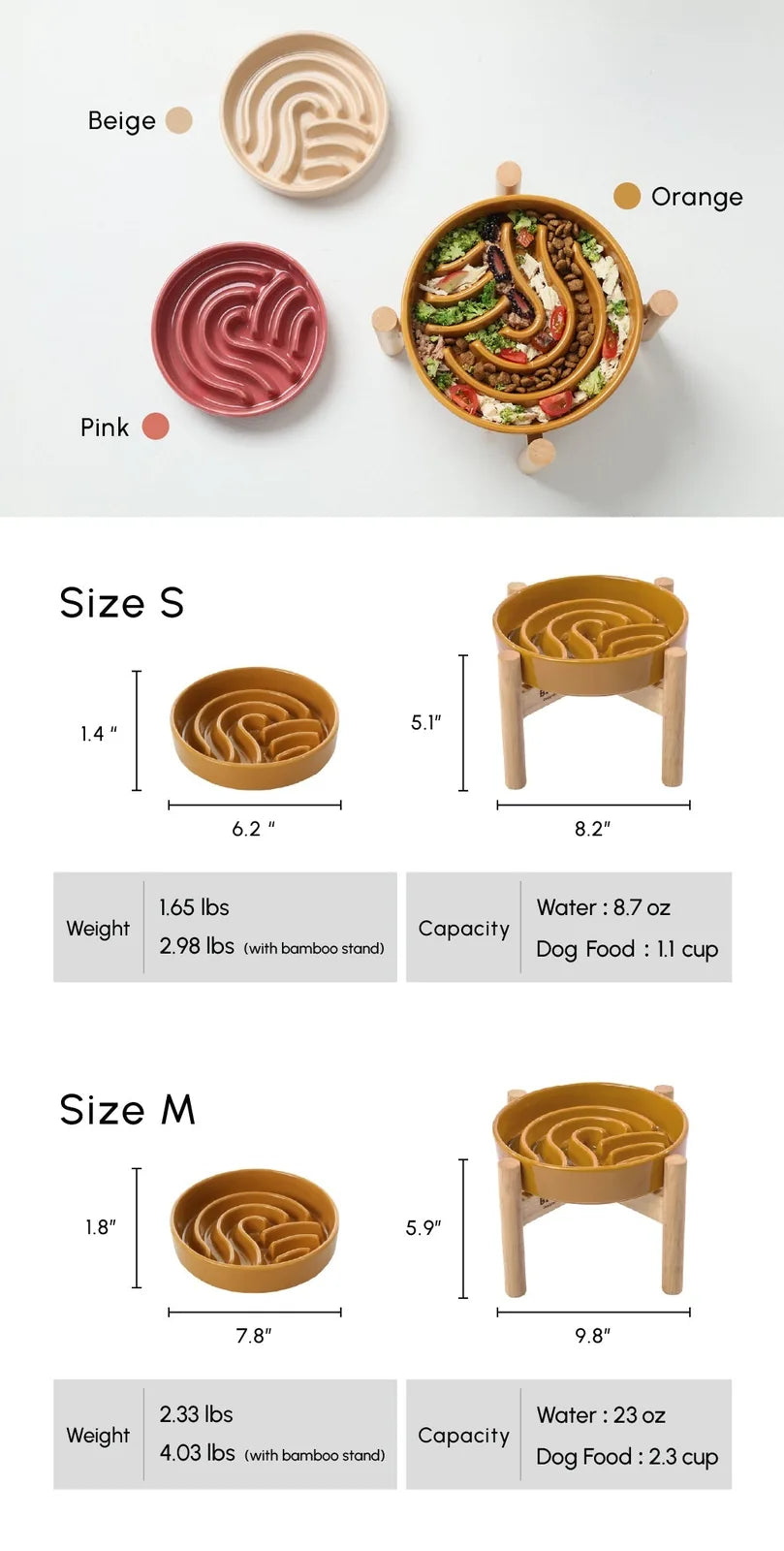 Three slow feeder dog bowls in pink, beige, and orange with a textured design for promoting calm eating behavior.