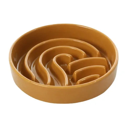 Slow feeder dog bowl in warm beige with a spiral design, made from food-grade ceramic for better digestion.