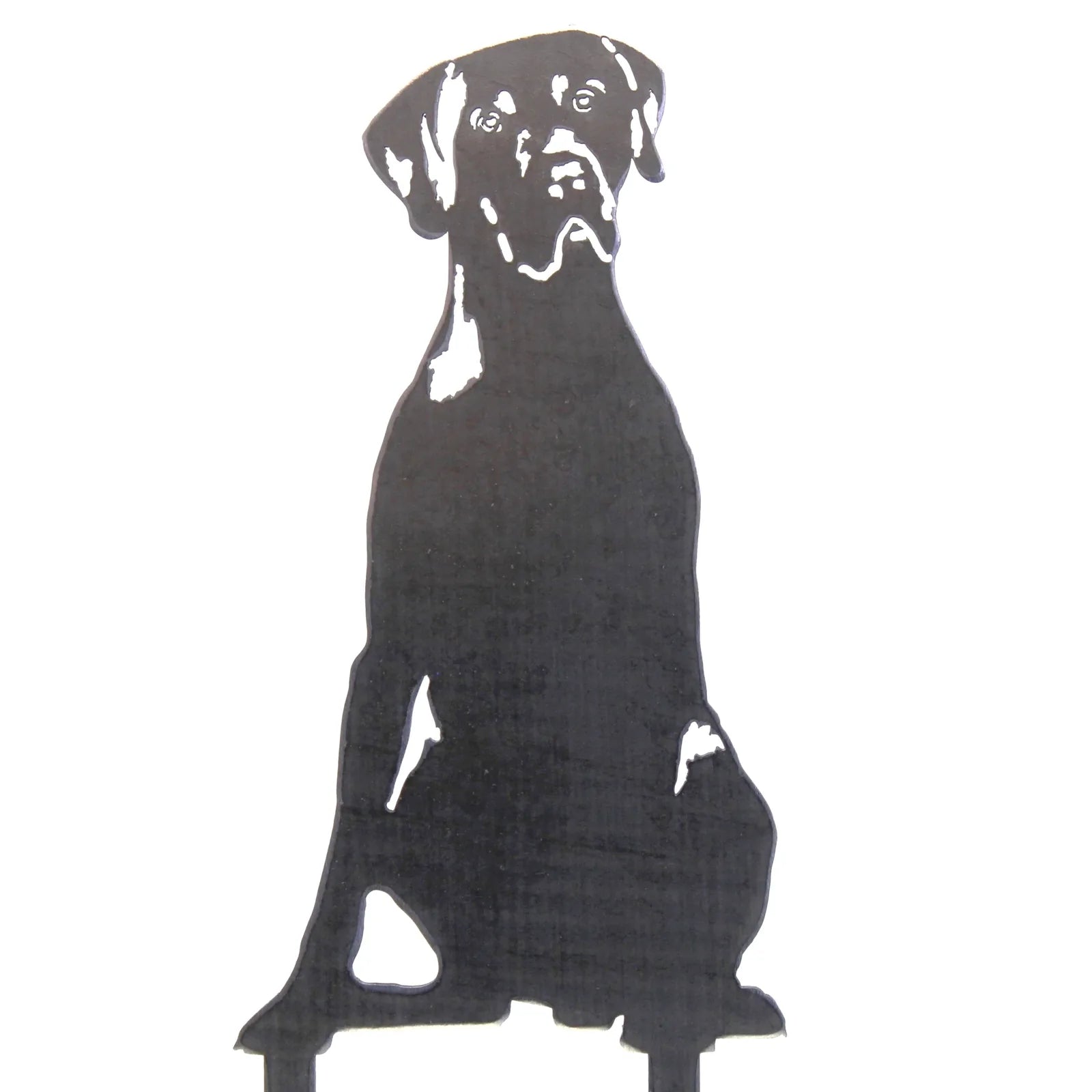 Black metal silhouette of a sitting Weimaraner with a smooth finish, ideal for dog-themed outdoor decor.
