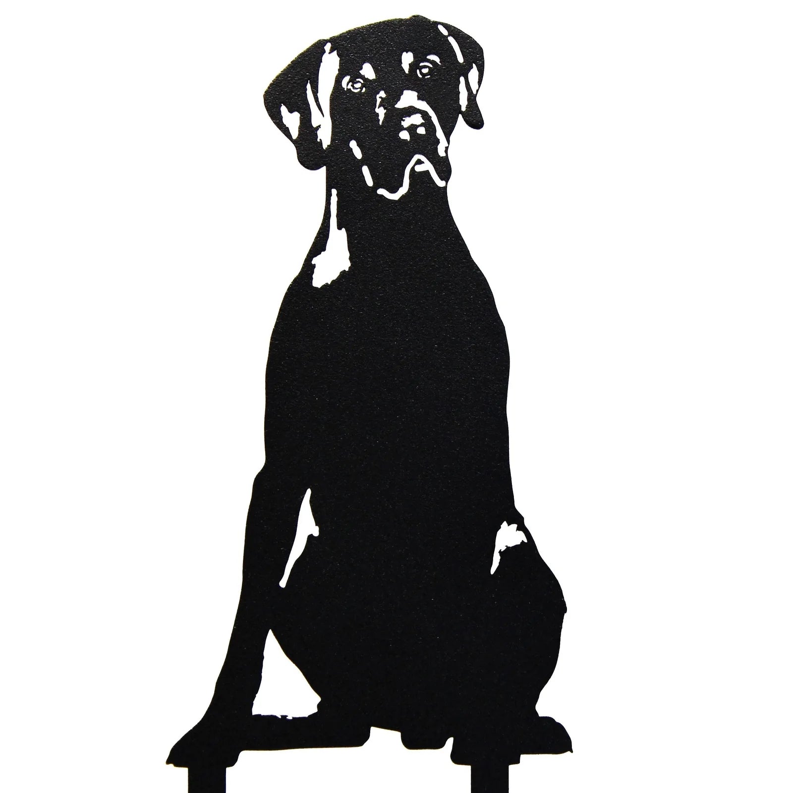 Black metal silhouette of a Weimaraner dog sitting, designed for outdoor decor by My Metal Rescue.