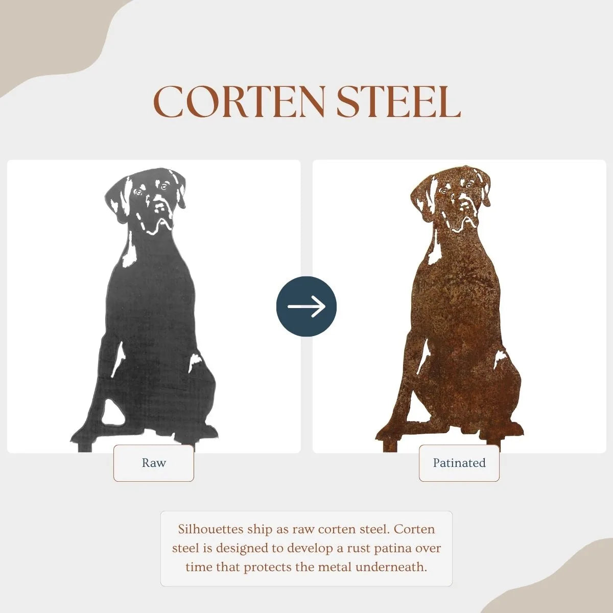 Weimaraner metal silhouette showing raw Corten steel on the left and patinated finish on the right, highlighting design ch...