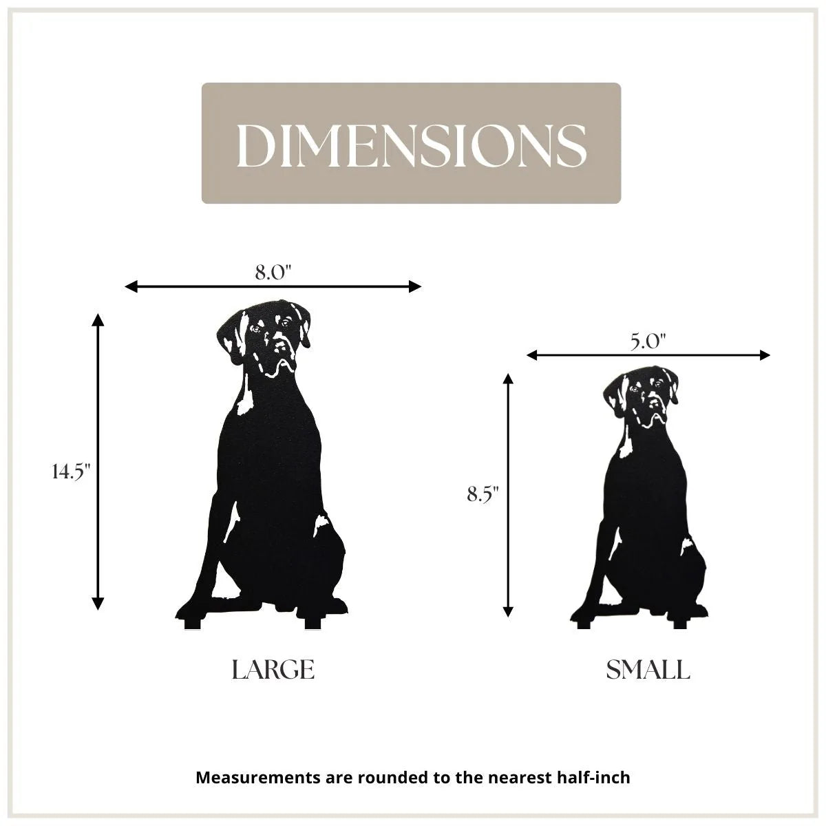 Large and small Weimaraner dog silhouettes in black, showcasing measurements for outdoor metal decor.