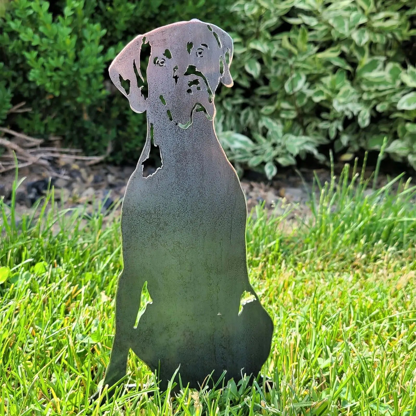 Weimaraner silhouette crafted from weathered steel, showcasing a rustic patina against green grass.