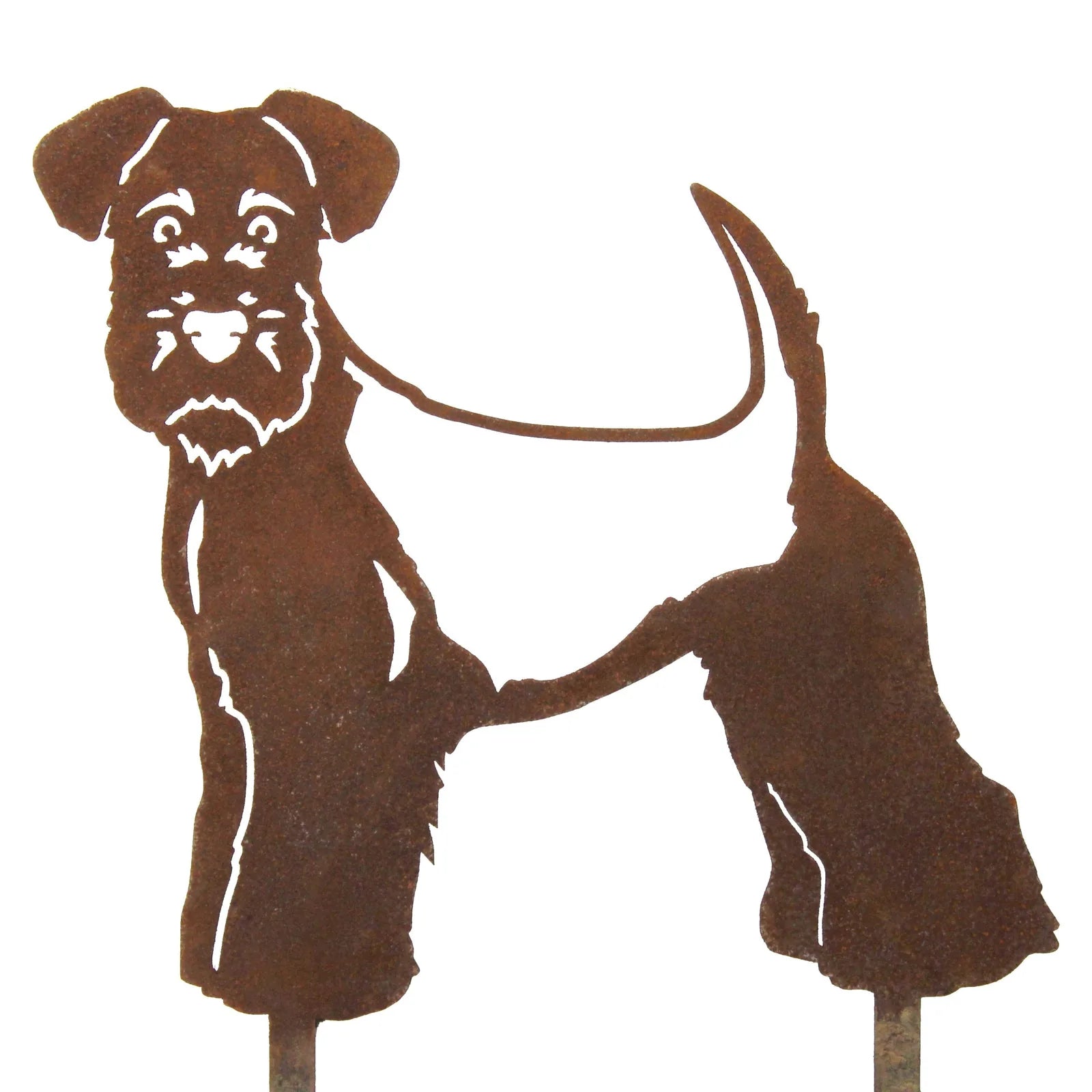 Welsh Terrier metal silhouette in weathered Corten steel, showcasing detailed design for outdoor dog decor.