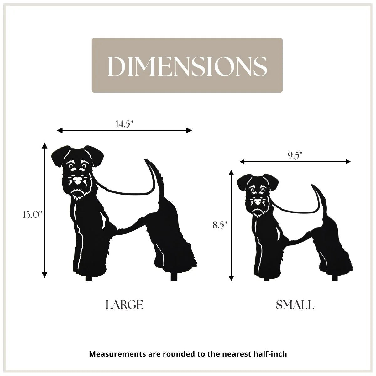 Welsh Terrier metal silhouette wall art showing large (13") and small (8.5") sizes, crafted from black metal.