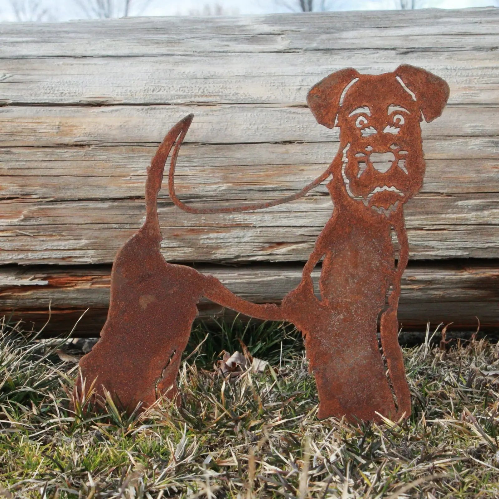 Rusty Corten steel silhouette of a Welsh Terrier, depicting a playful pose, set against natural grassy background.
