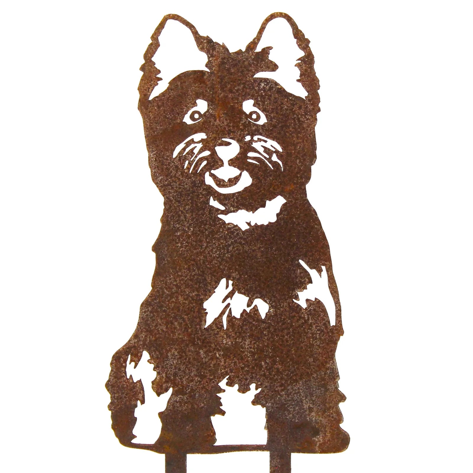 Corten steel silhouette of a West Highland White Terrier, designed for outdoor decor, showcasing intricate detailing and t...