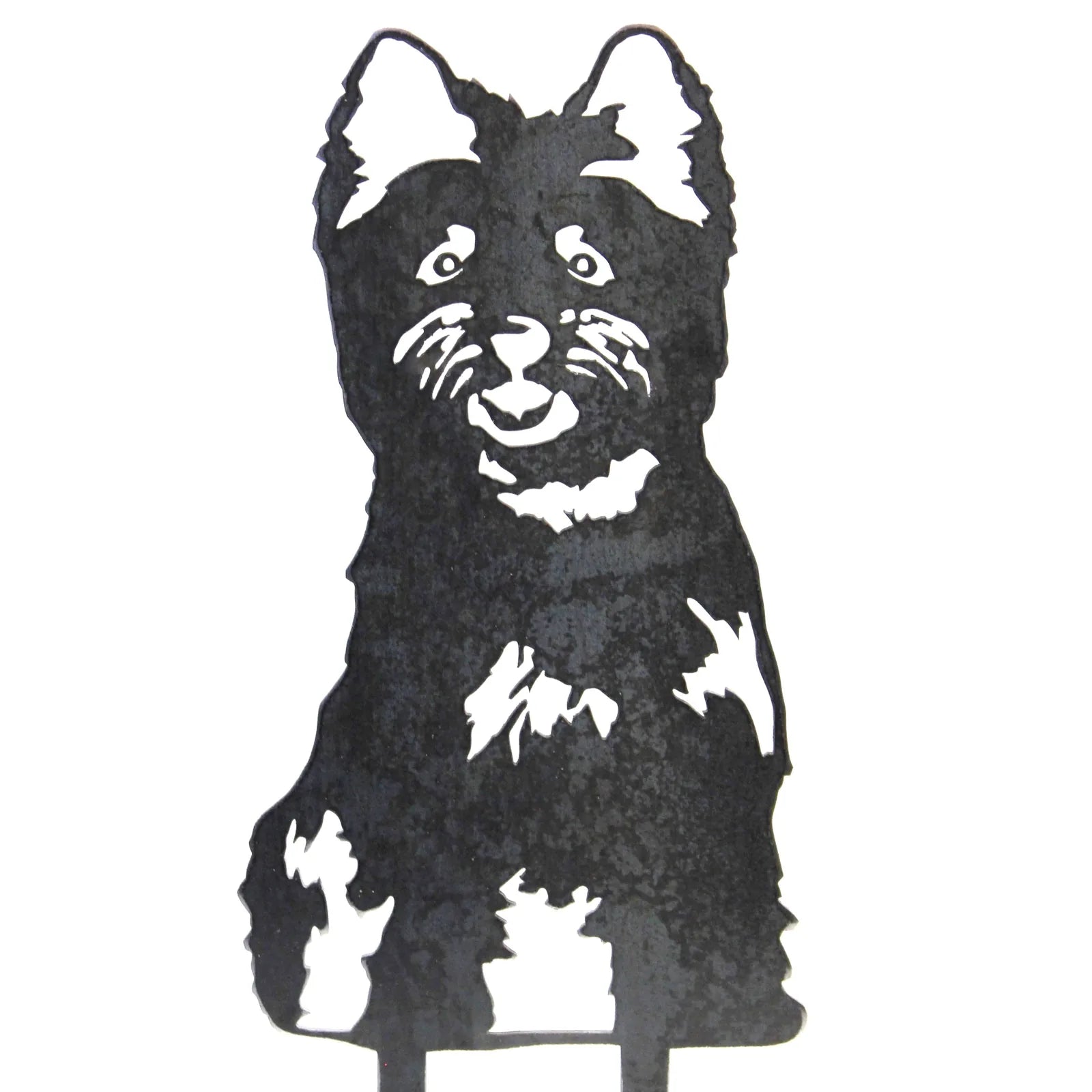 Black metal silhouette of a West Highland White Terrier, featuring detailed facial features and a playful expression.