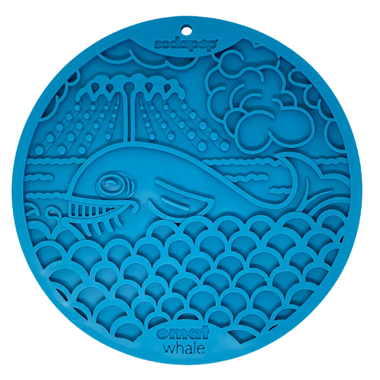 Bright blue whale-shaped lick mat with textured surface and suction cups for dogs and cats.
