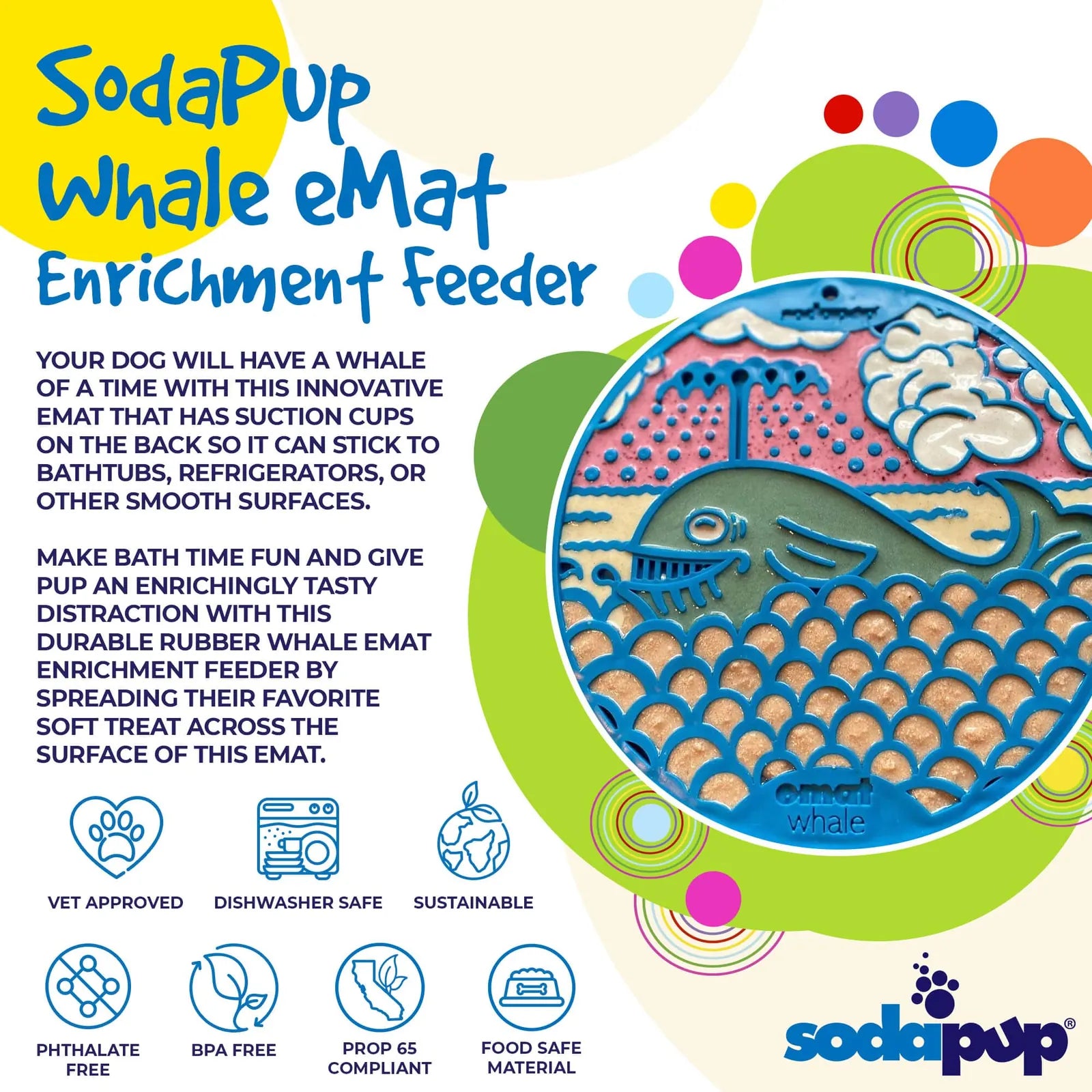 Blue whale-shaped enrichment lick mat with textured design and suction cups for secure placement during feeding or grooming.