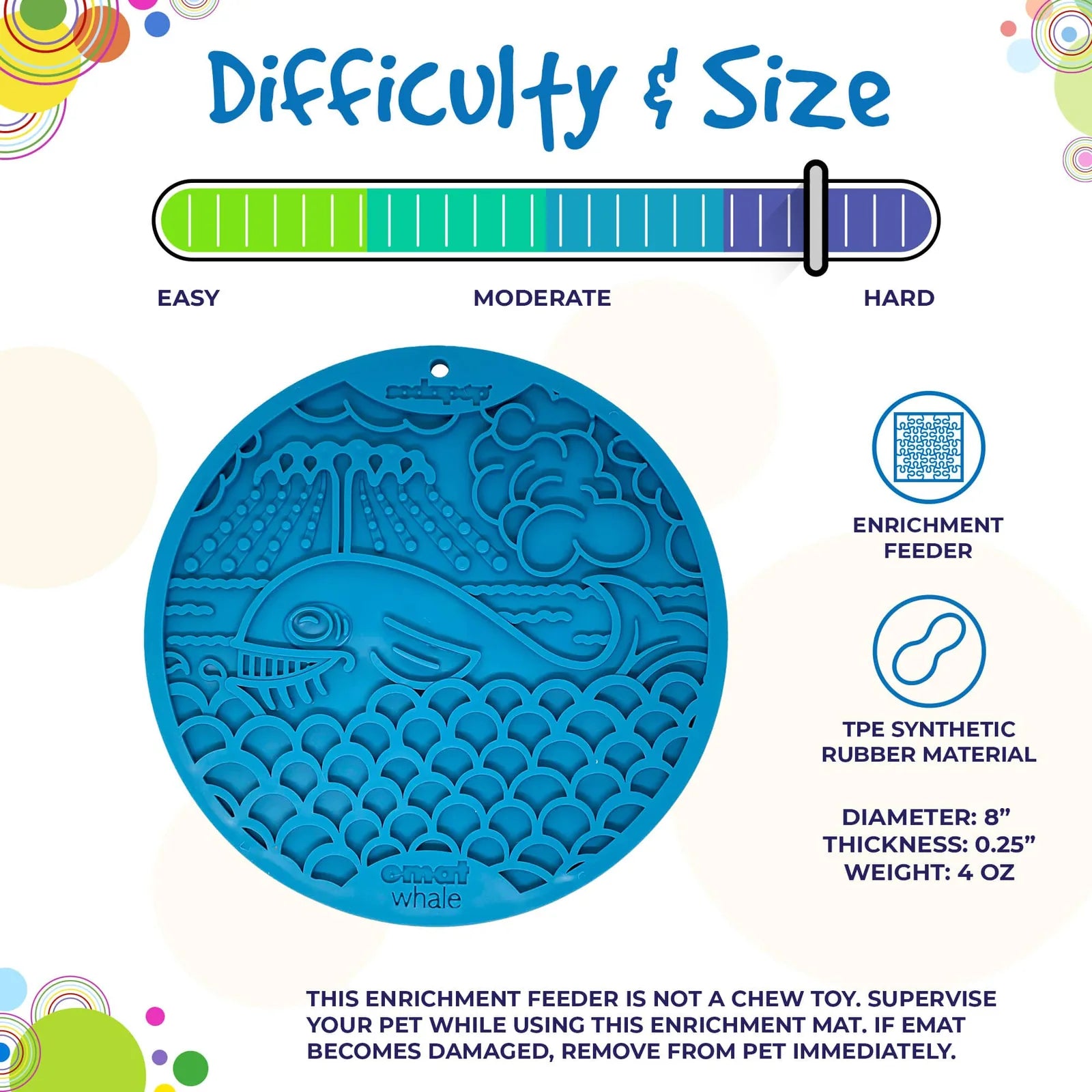 Whale-shaped blue enrichment lick mat made from TPE rubber, featuring textured designs and suction cups for stability.