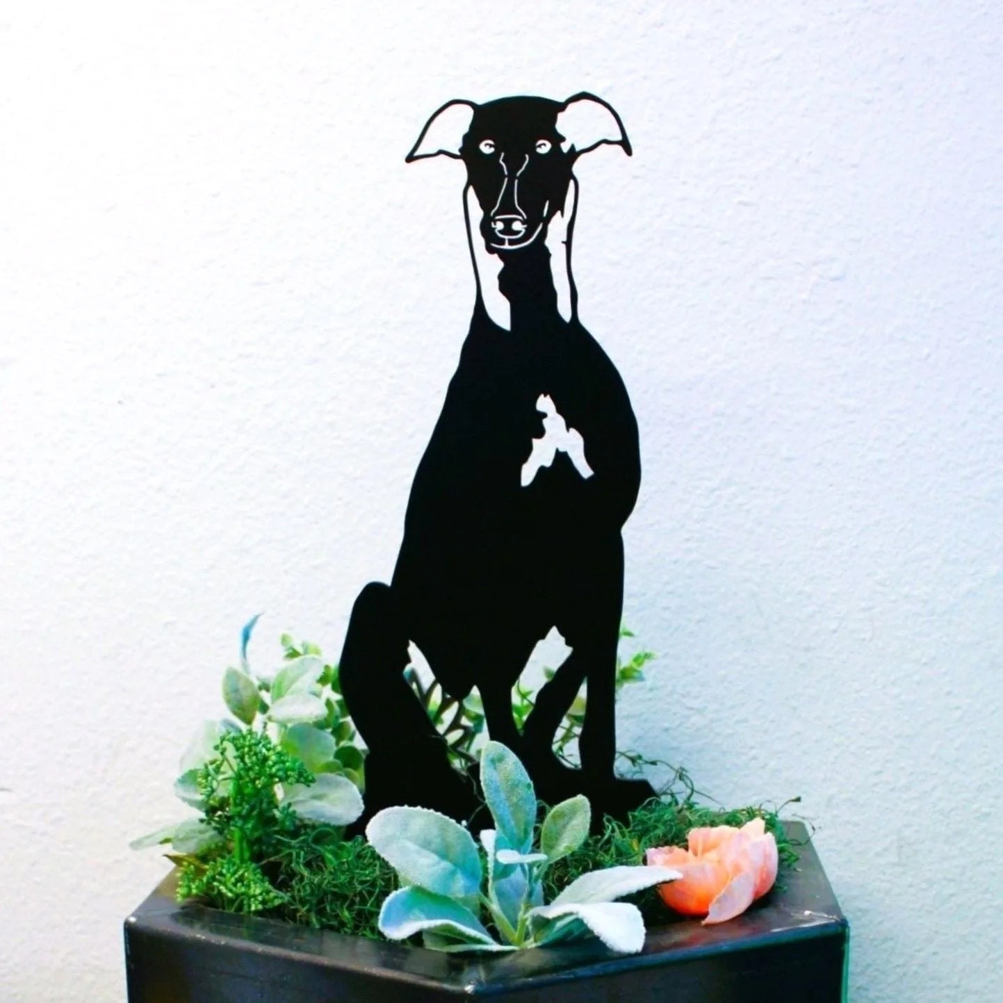 Black metal silhouette of a Whippet dog in a garden planter, surrounded by greenery and flowers.