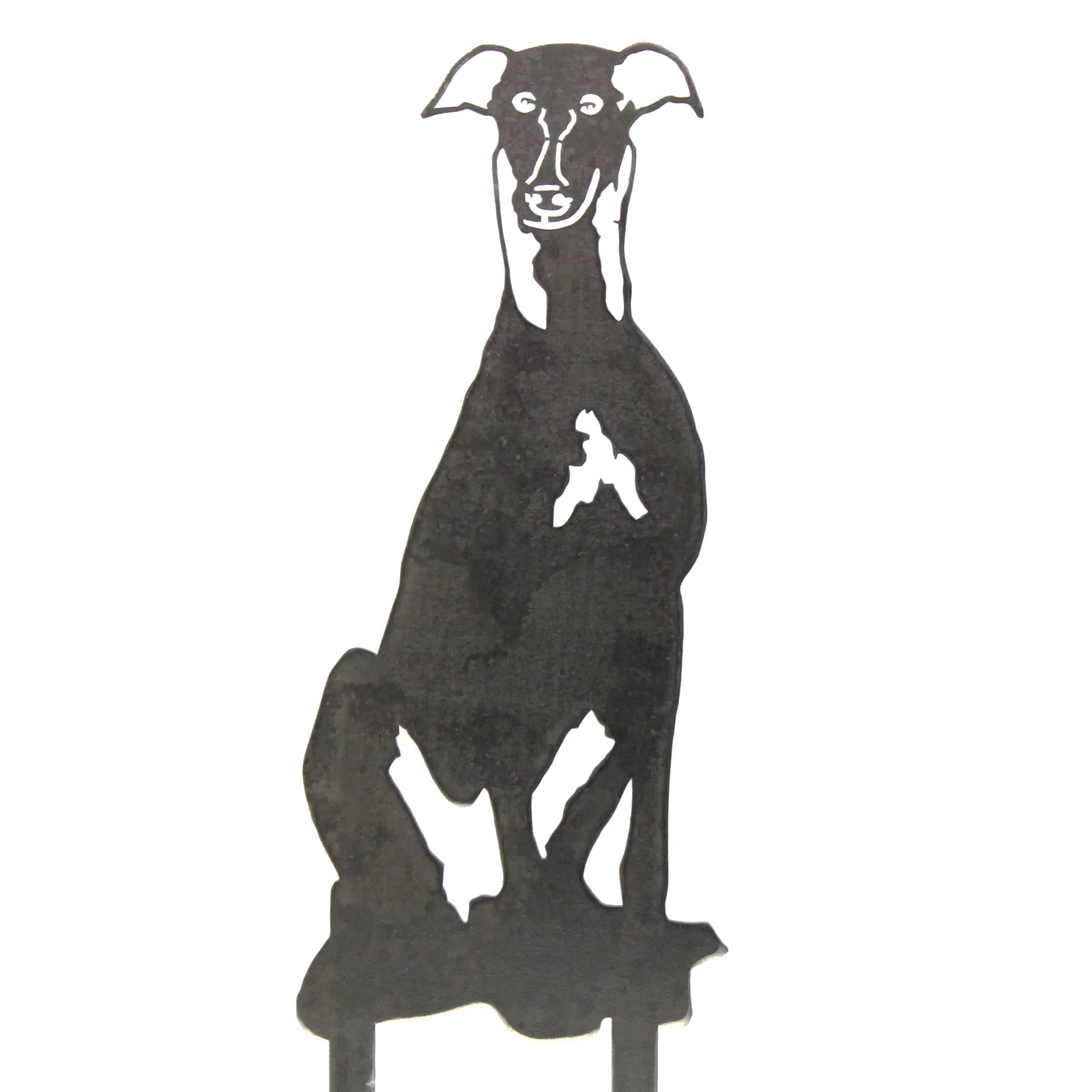 Black metal silhouette of a seated Whippet dog, designed for outdoor garden decor.