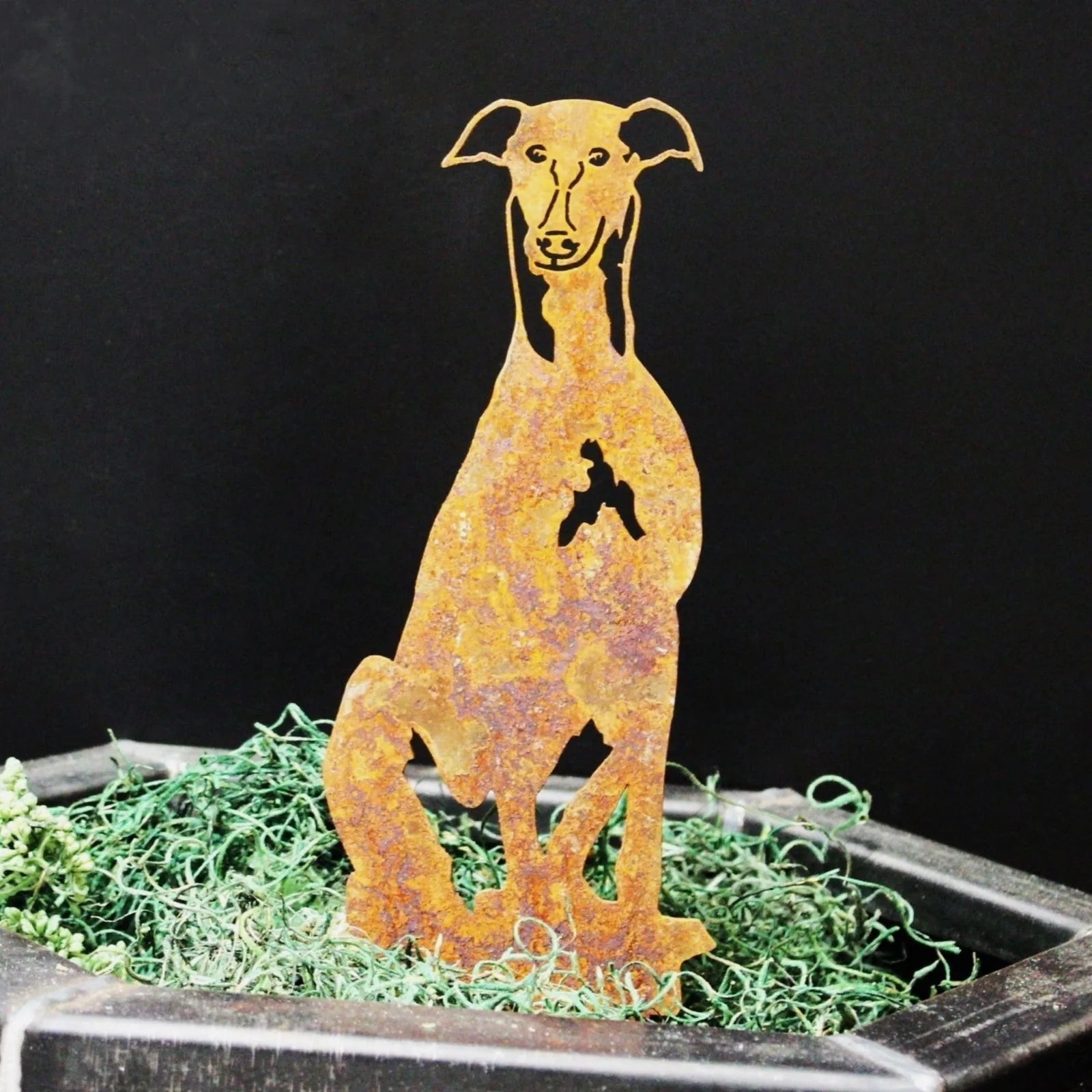 Rustic Corten steel Whippet silhouette garden sculpture, showcasing detailed design and character, against black background.
