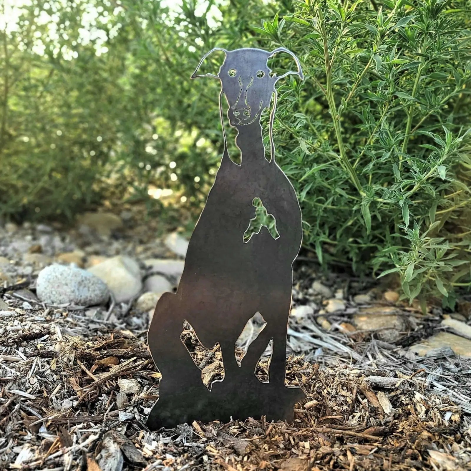 Whippet silhouette sculpture in matte black metal, standing on mulch amid green foliage, ideal for garden decor.
