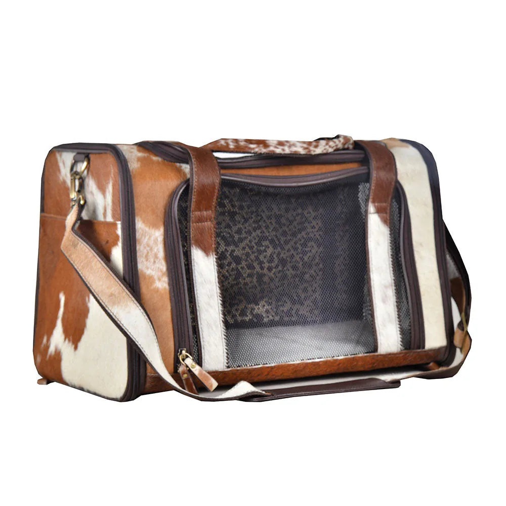 Light-colored Hairon leather dog bag with netted window for visibility, designed for small dog comfort during travel.