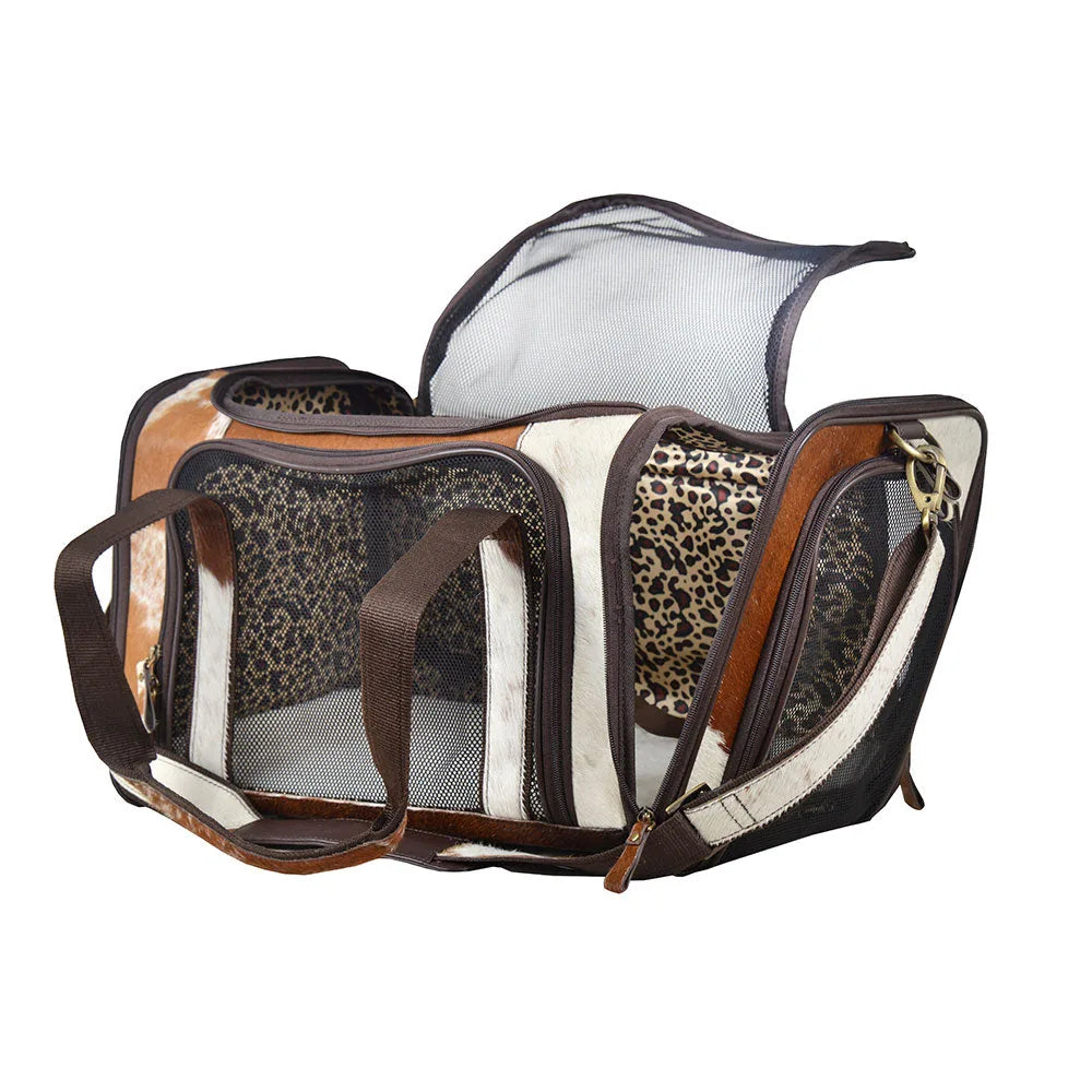 Light-colored Hairon leather dog bag with netted window and leopard print interior, perfect for small pets.