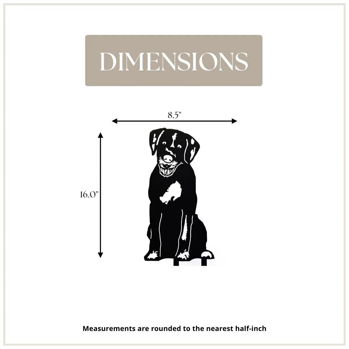 Black metal silhouette of a Wirehaired Pointing Griffon with dimensions 16" tall and 8.5" wide for outdoor decor.