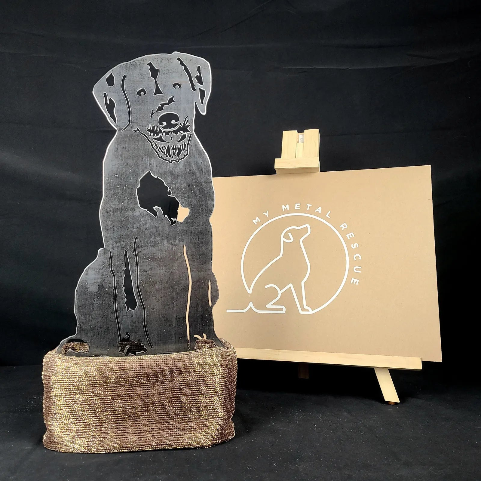 Wirehaired Pointing Griffon metal silhouette in Corten steel, displayed on a brown base with a My Metal Rescue sign.