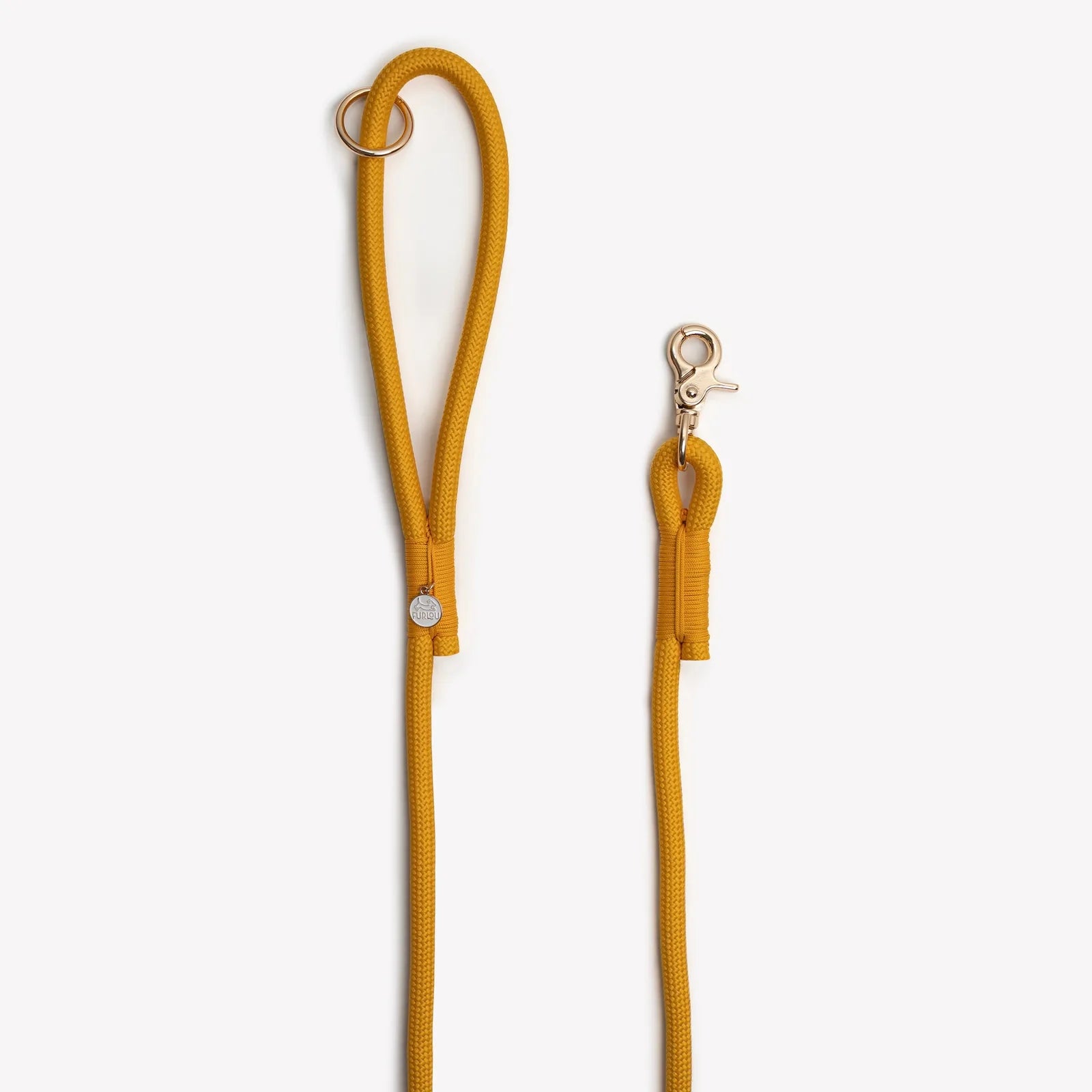 Durable yellow braided rope leash with a O-ring and gold clip for easy attachment to accessories.