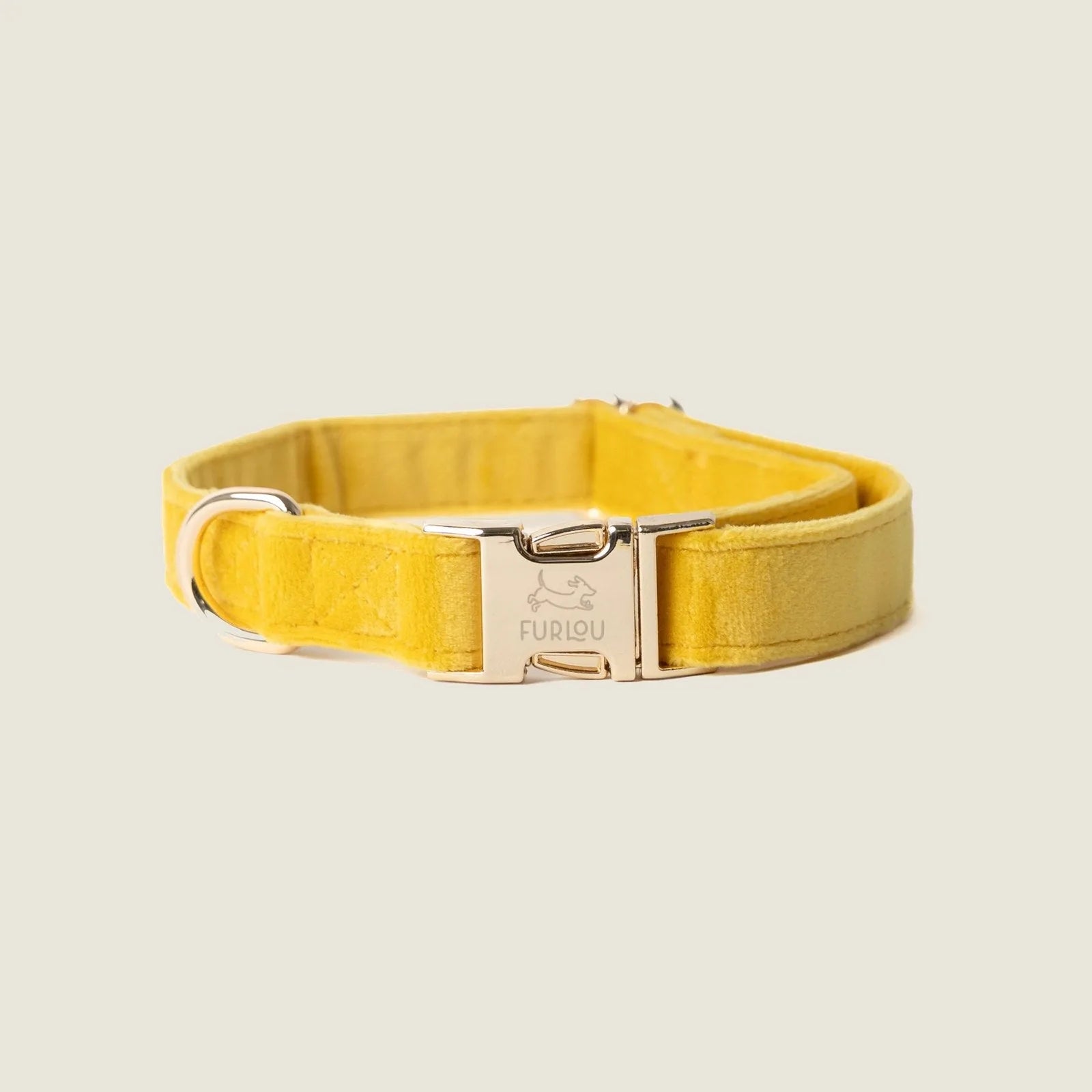 Yellow velvet dog collar by FURLOU with gold buckle, featuring a soft texture for comfort and style.