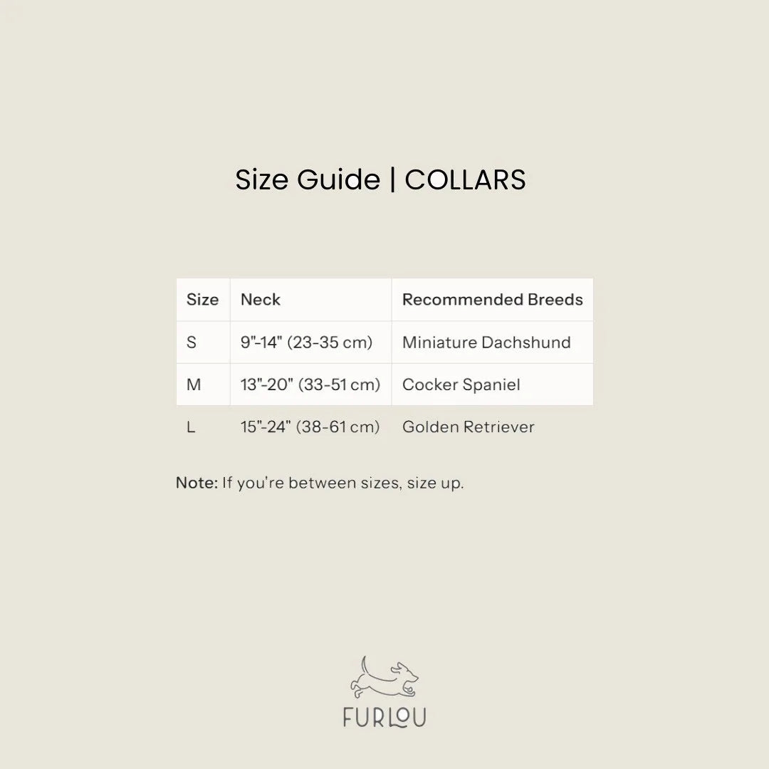 Size guide for FURLOU velvet dog collar in yellow, detailing neck sizes and recommended breeds for optimal fit.