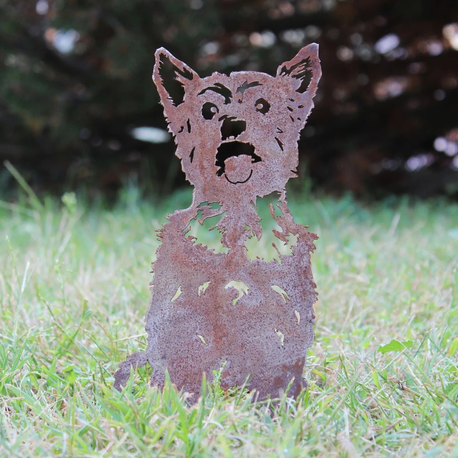 Rusty metal silhouette of a Yorkshire Terrier standing in grass, perfect for outdoor dog decor.