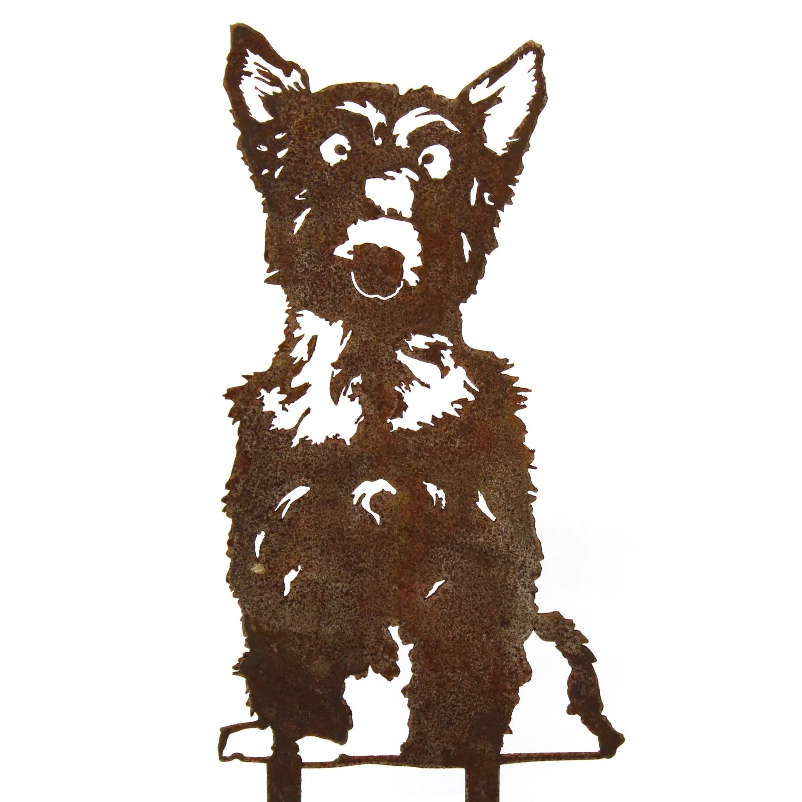 Rusty metal silhouette of a Yorkshire Terrier, showcasing intricate fur details, ideal for outdoor dog decor.