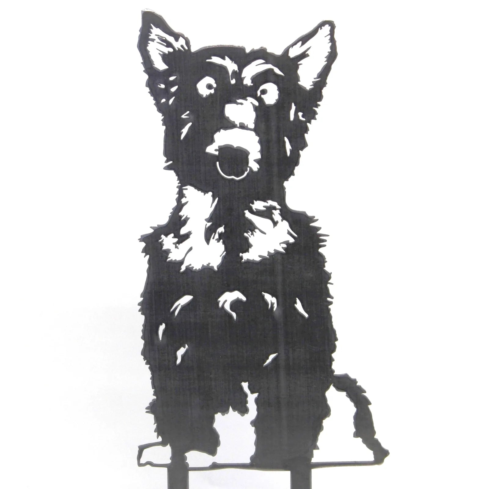 Handmade black metal silhouette of a Yorkshire Terrier, featuring detailed fur design and a standing pose for outdoor decor.