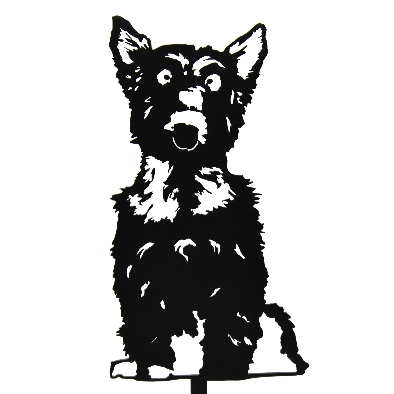 Black metal silhouette of a Yorkshire Terrier, showcasing intricate detailing in fur and expression, ideal for outdoor decor.