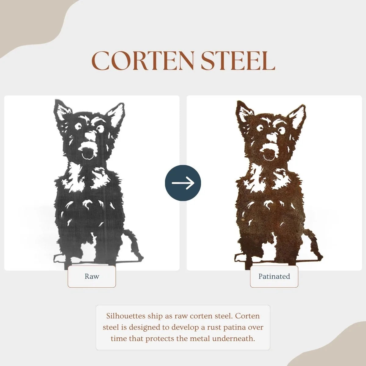 Yorkshire Terrier metal silhouette in raw Corten steel, showcasing natural steel color and detail.